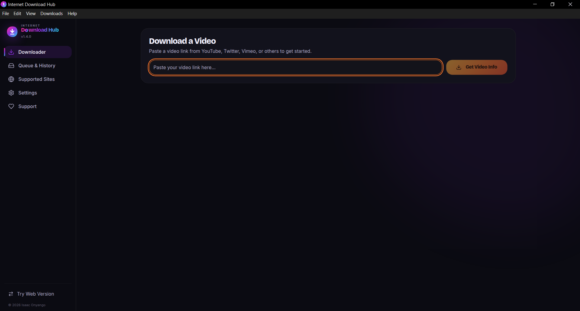 The downloader screen with an empty URL field and a Get Video Info button