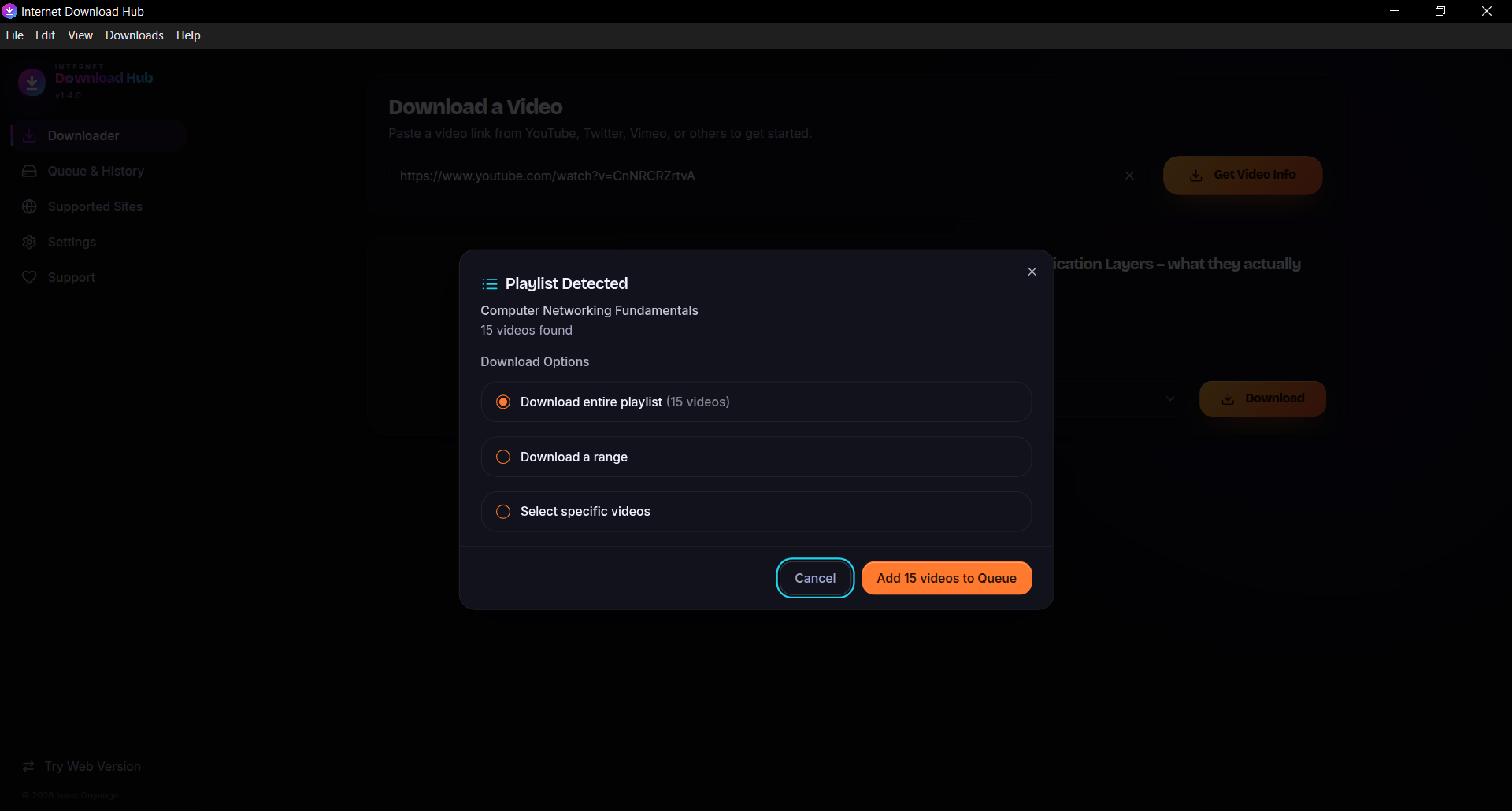 The Playlist Detected dialog offering the whole playlist, a range, or hand-picked videos