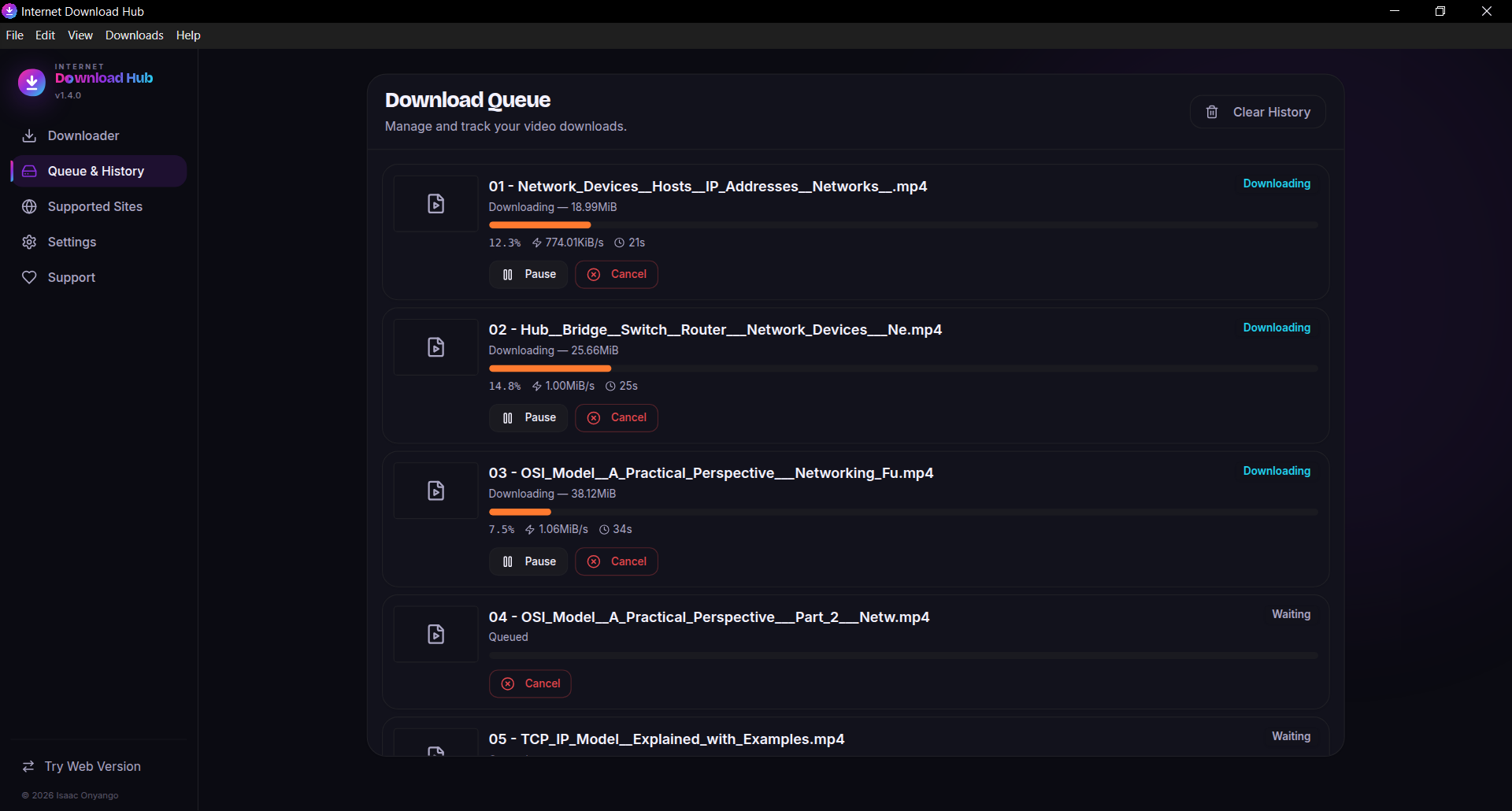 The download queue with several videos downloading at once, each with progress, speed and time remaining