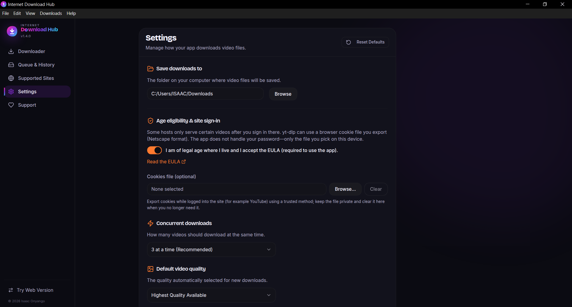 The settings panel showing save location, age and cookie options, and concurrent download count
