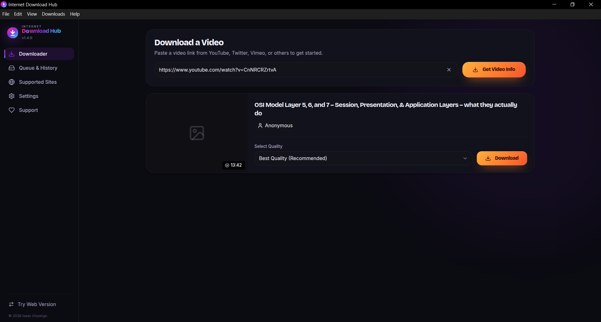 A fetched video showing its title, duration and a quality dropdown set to Best Quality